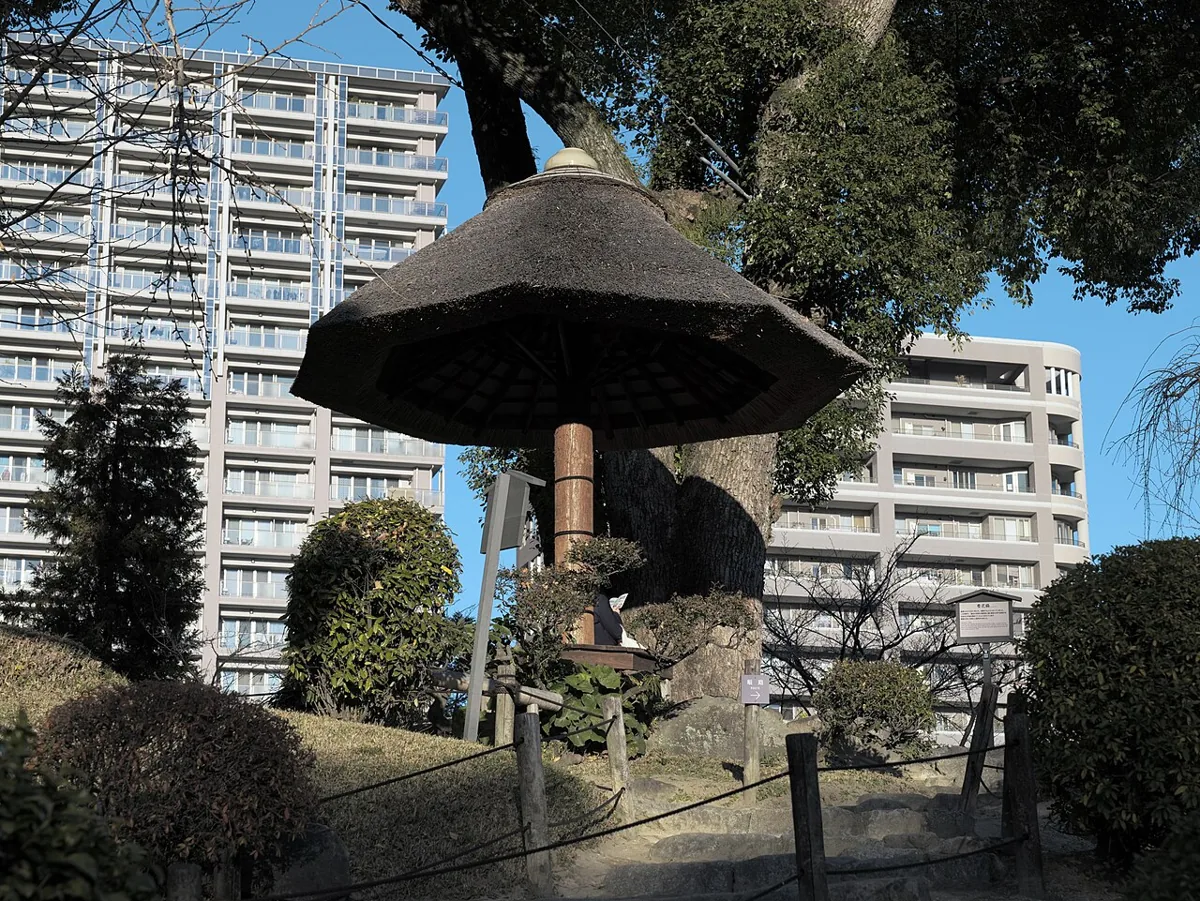 縮景園の石灯籠と木々、背景の街の建物