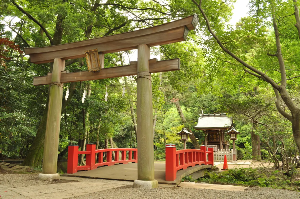 氷川神社境内の宗像神社の橋と鳥居