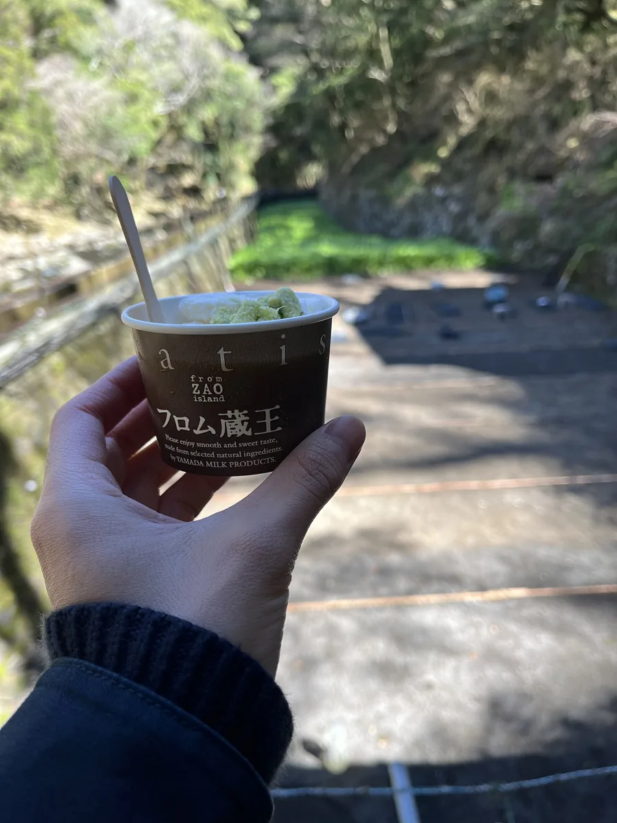 浄蓮の滝で撮影したわさびアイスと背景のわさび田