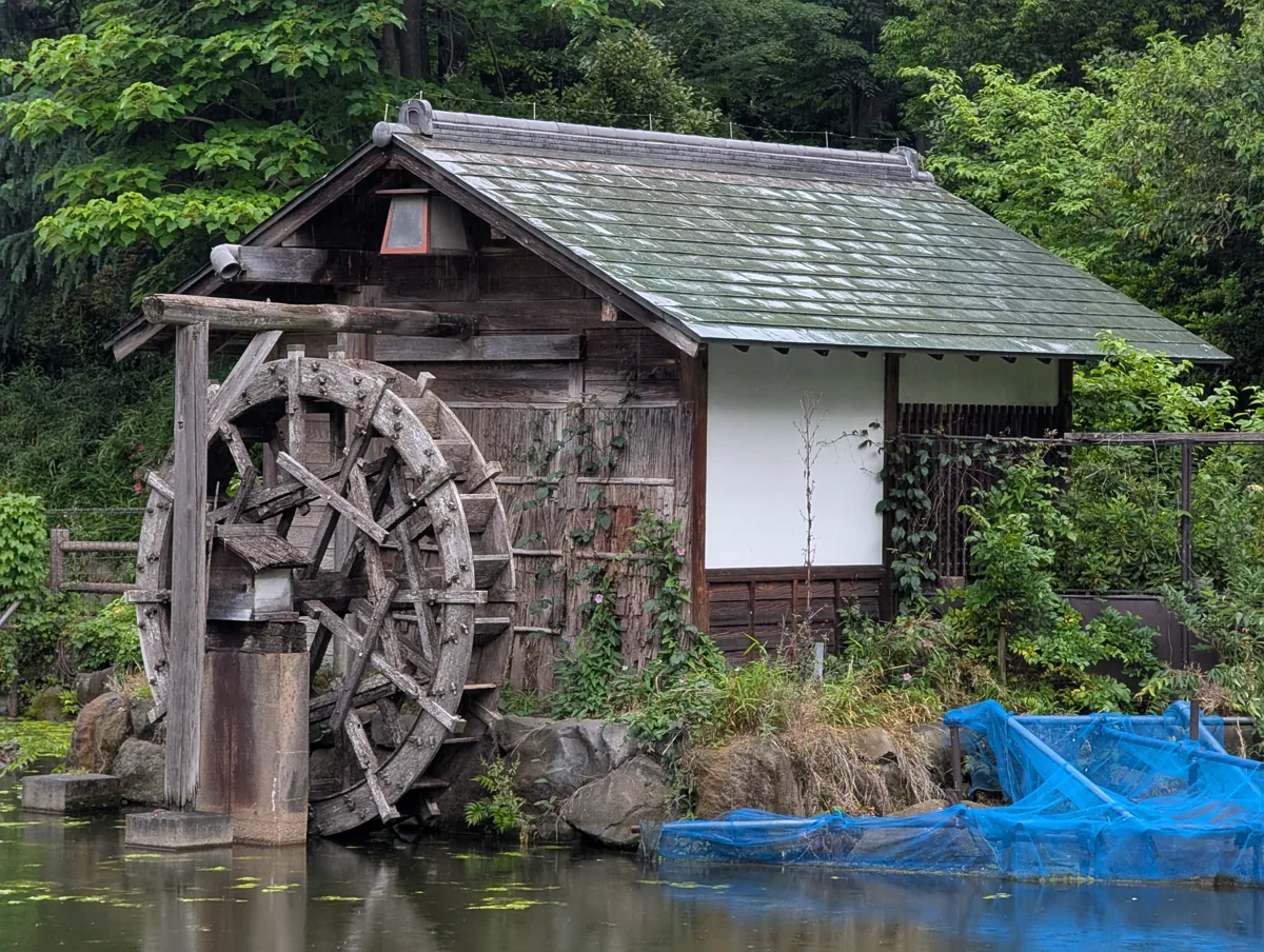 The waterwheel beside the pond at Shoto Park
