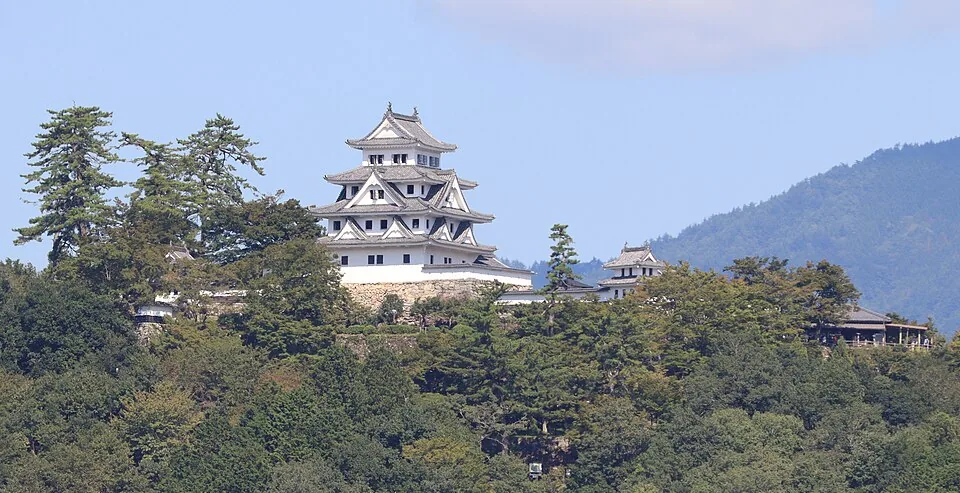 木々の間の山上に見える郡上八幡城の天守